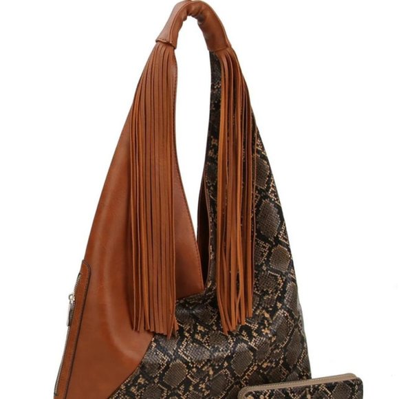 Snake Fringe Hobo Handbag Set - Picture 1 of 2